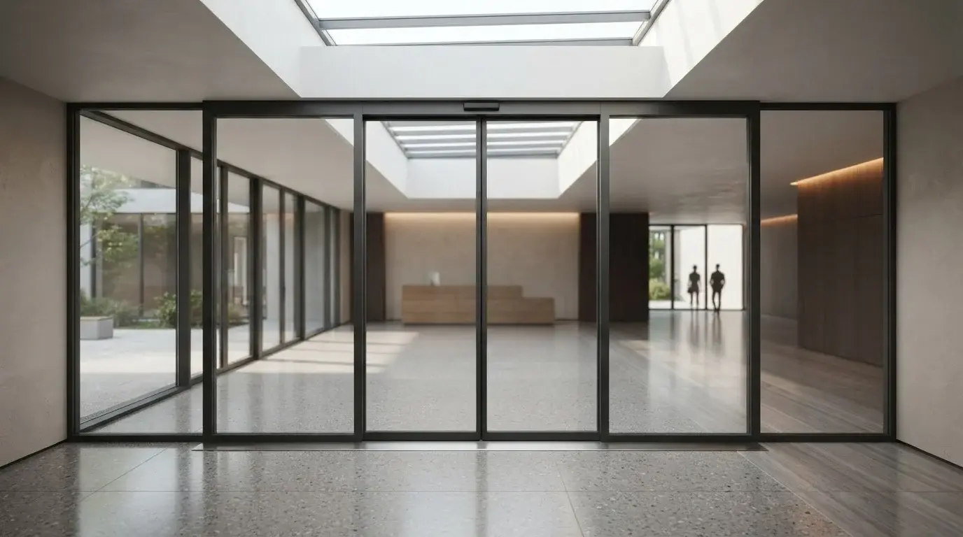 completed self-closing sliding door solution in a modern commercial building