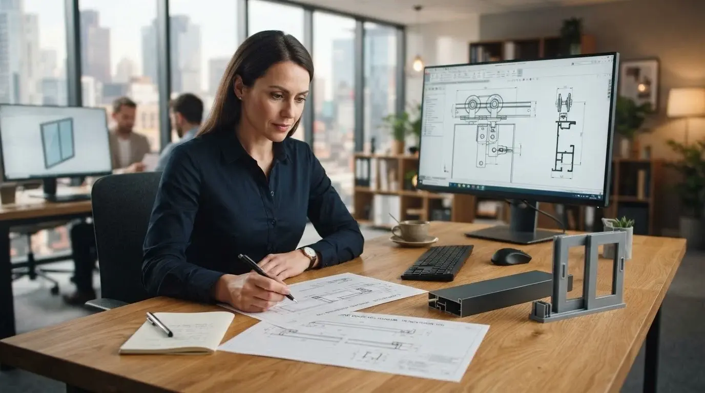 project manager reviewing self-closing sliding door specifications and CAD drawings