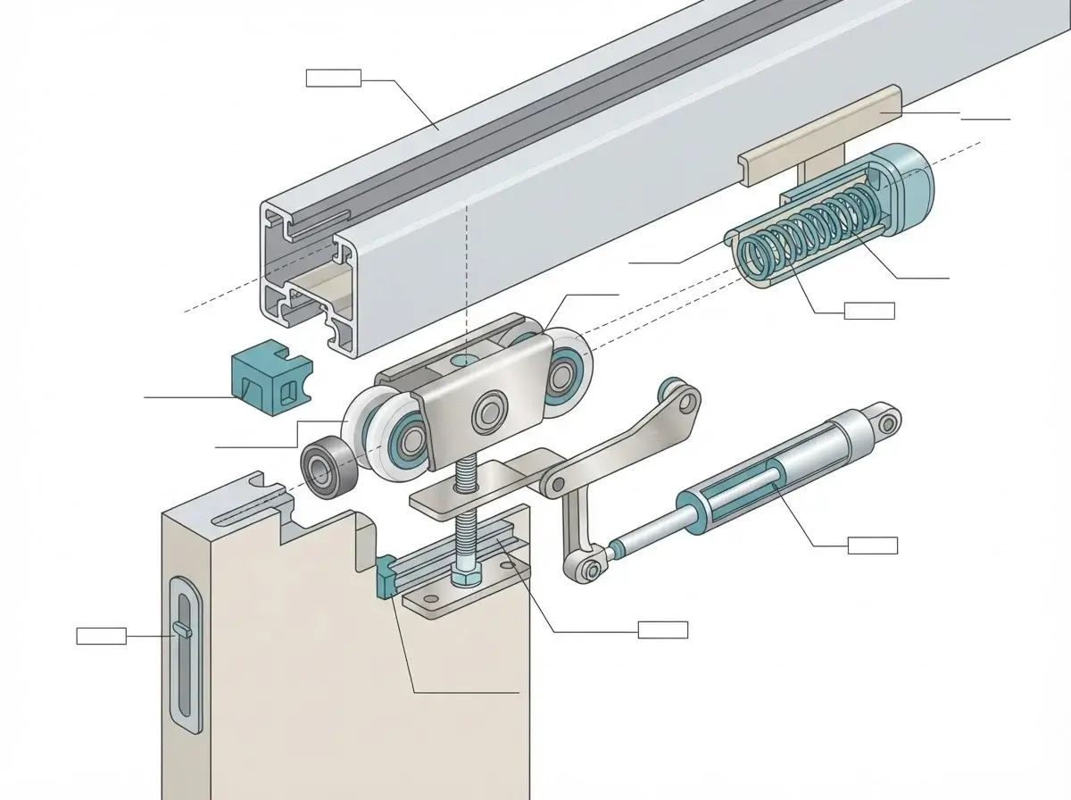 technical cross-section of a self-closing sliding door track roller and soft-close mechanism