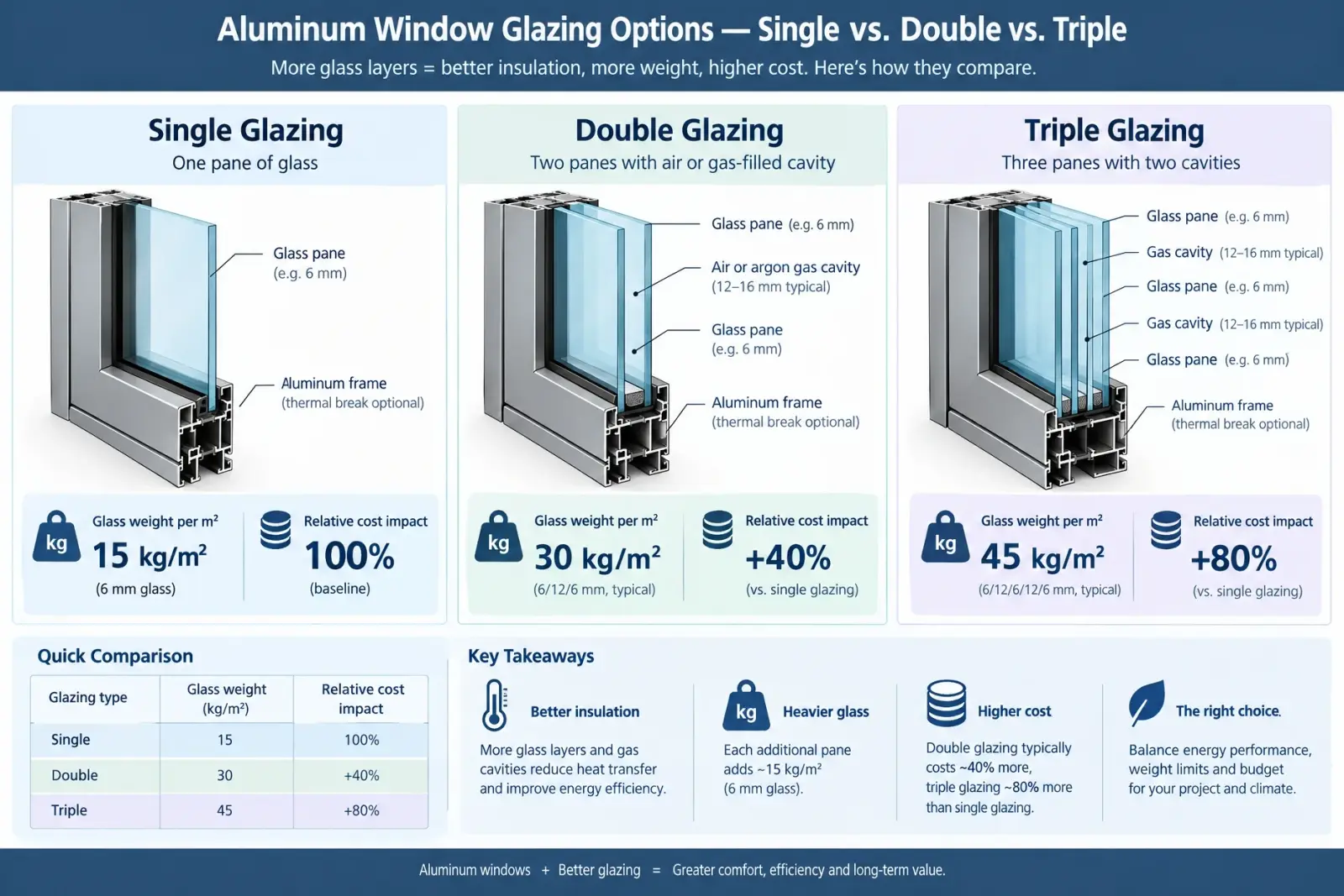 Single, double and triple glazing cross sections compared by glass weight and relative cost
