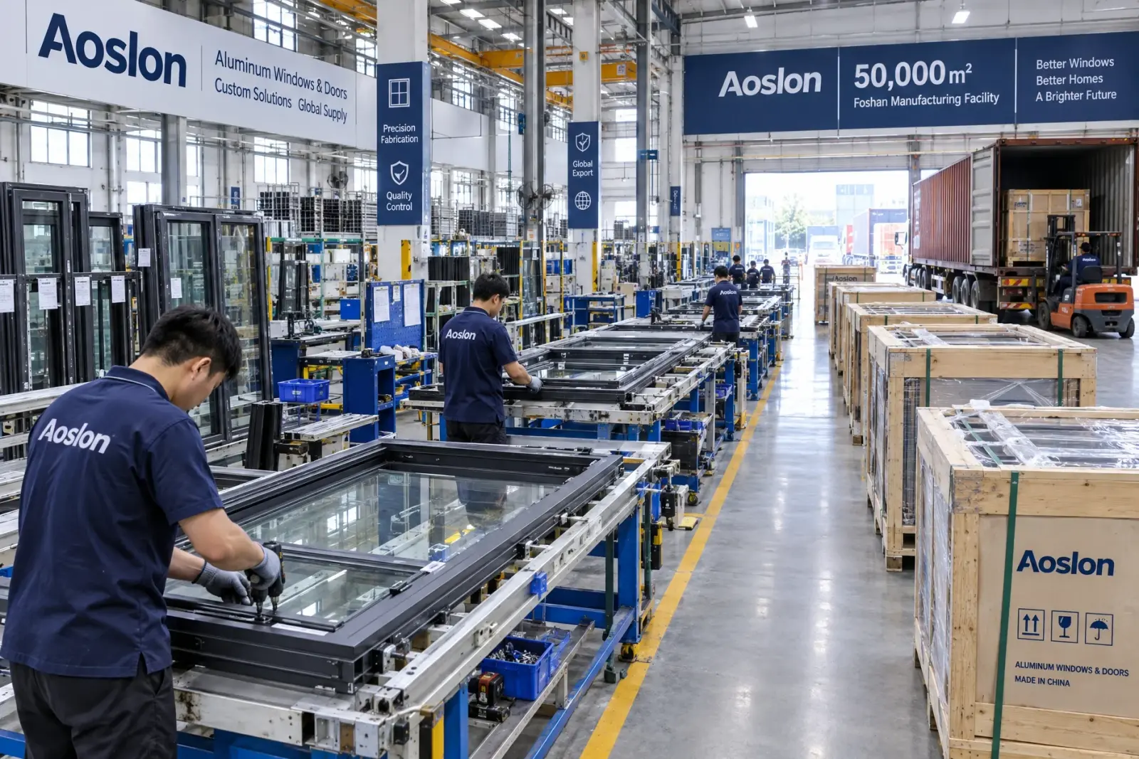 Aluminum window frames and double glazed glass panels on a factory production line