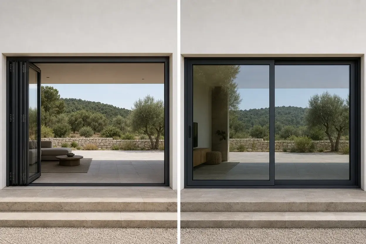 Aluminum folding door beside a sliding door with the same opening width for comparison