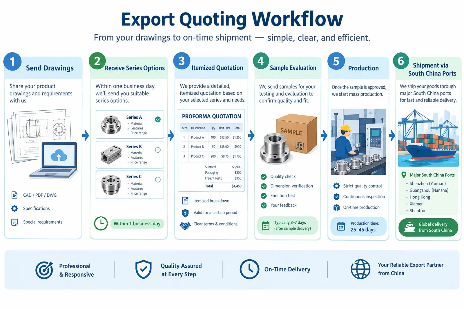Workflow from RFQ with drawings to itemized quote, sample, production and export shipment