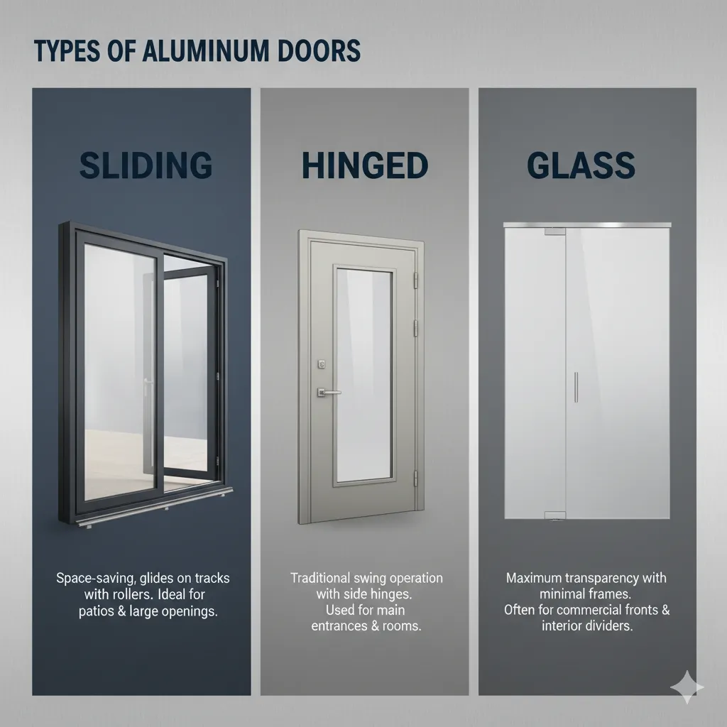 Types of aluminium doors: sliding, hinged, and glass